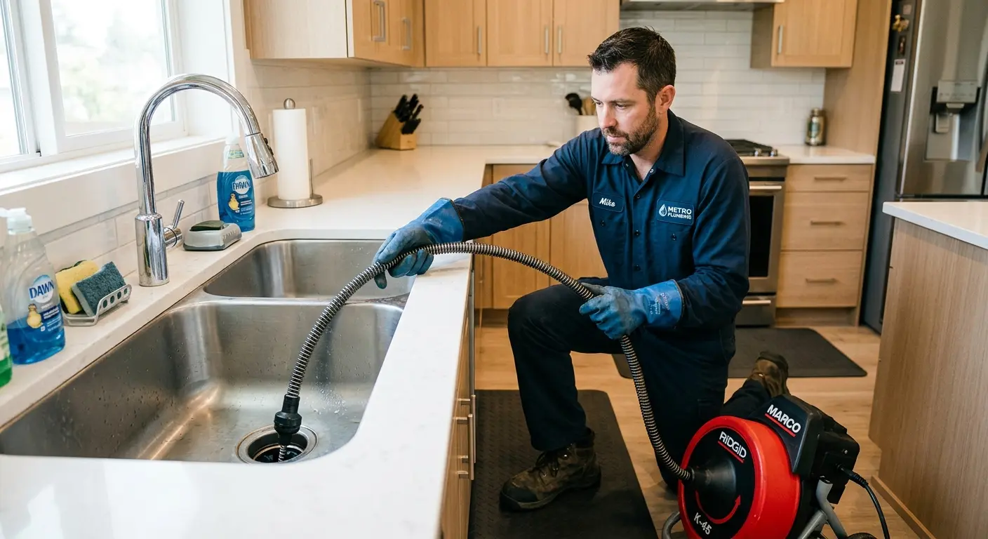 Drain cleaning technician using a motorized snake on a kitchen sink in Ashland