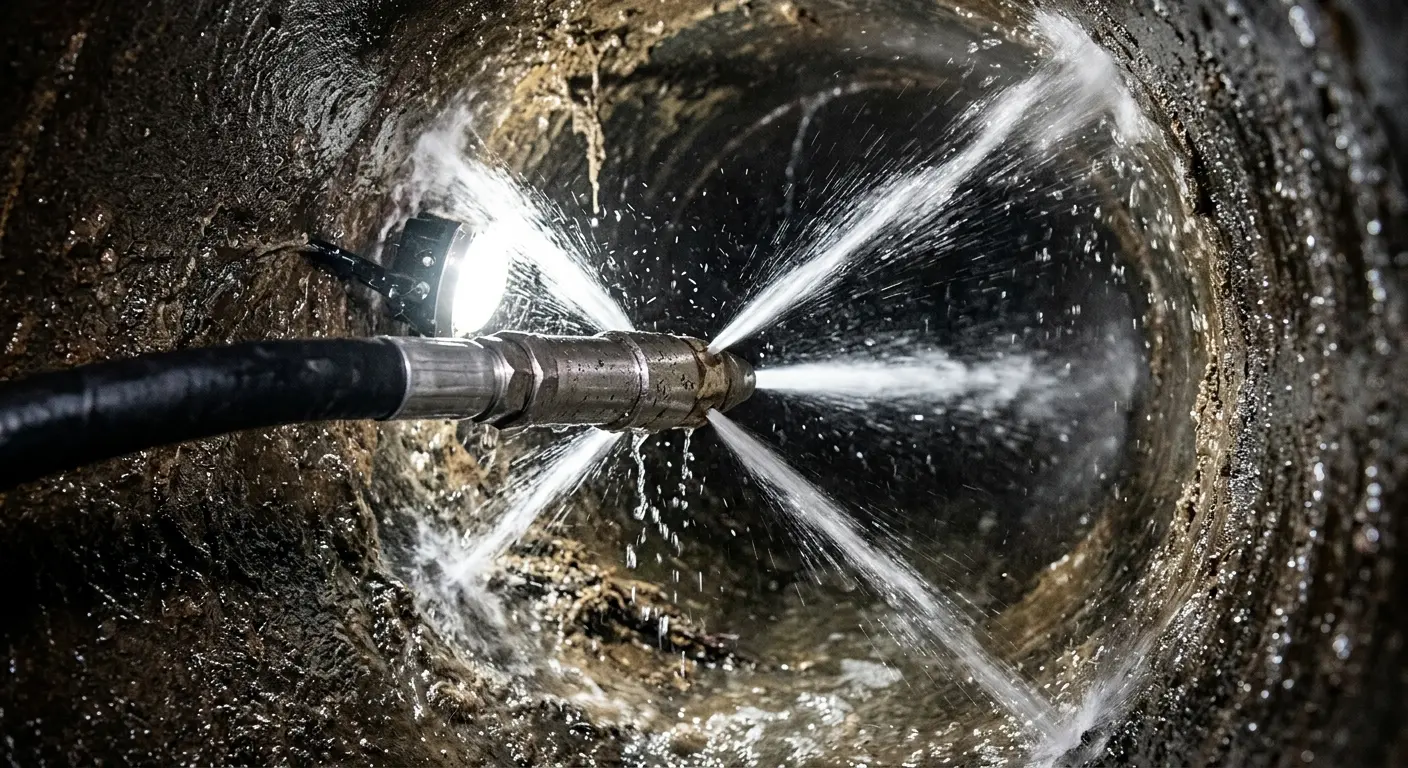 High-pressure hydro jetting nozzle cleaning sewer pipe for Trenchless Sewer Repair in Ashland